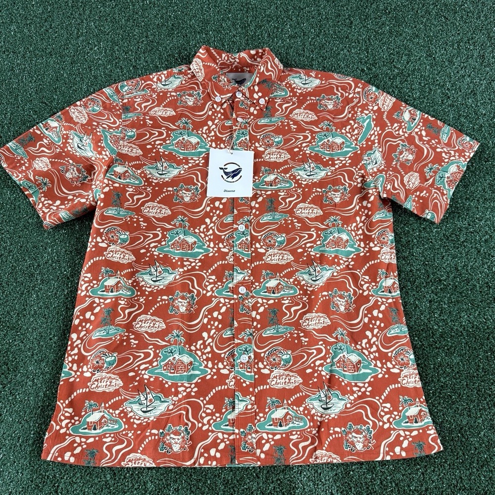 New Yiume Christmas Men's Camp Hawaiian Aloha Button Shirt Orange Medium